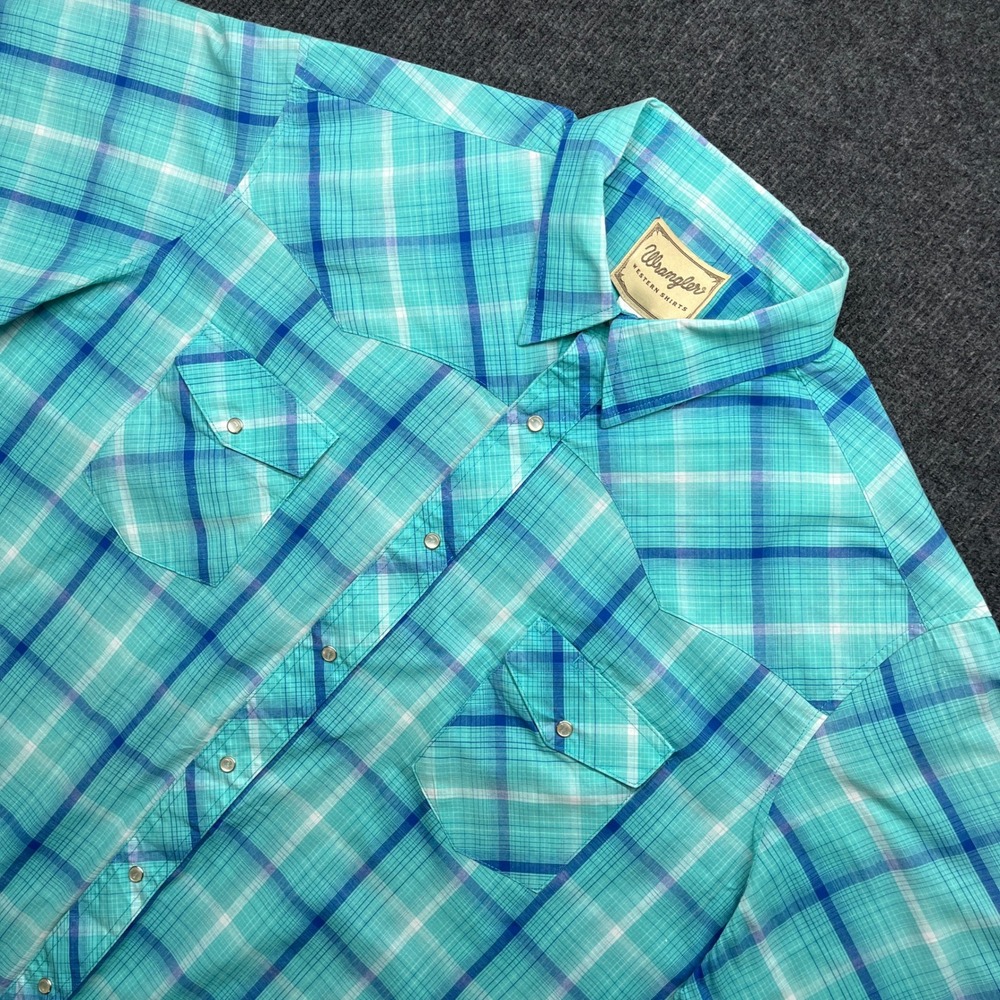 Wrangler Western Shirt 2XL Big Turquoise Blue Plaid Pearl Snap Short Sleeve